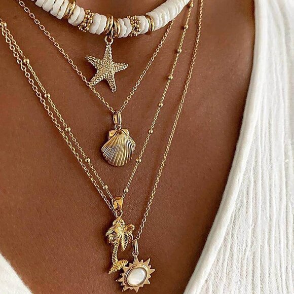 🆕 Women Gold Puka Shell Necklace Boho Layered Starfish Beaded Choker Jewelry - Picture 2 of 7